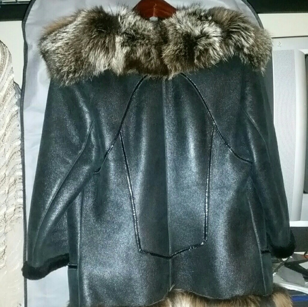 😍🥰 METALLIC MERINO LEATHER SHEARLING FOX FUR COAT - Picture 5 of 8